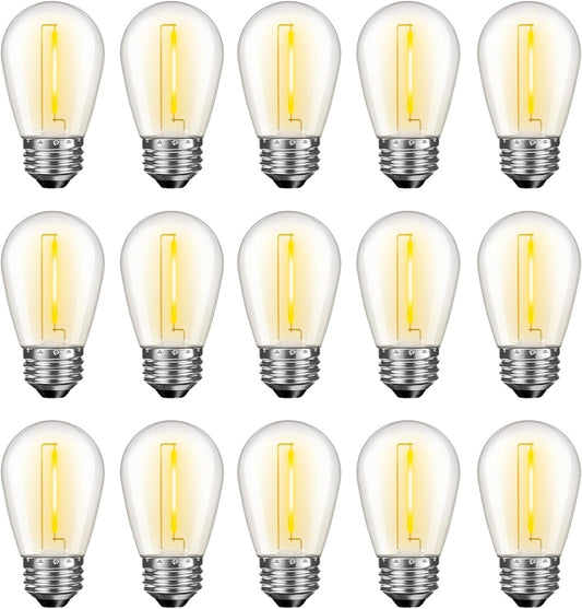 LED S14 Replacement Light Bulbs for Outdoor String Lights, 1W Shatterproof Edison Light Bulbs for Outside Patio Garden, E26 Standard Base, Dimmable, 2200K Warm White, 15 Pack