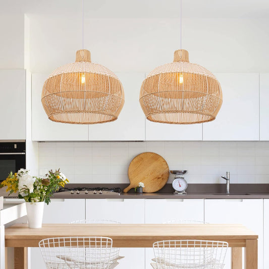 Arturesthome 1 Light White Rattan Pendant Light for Kitchen Island Sink,19.6" Wicker Chandelier, Handmade Woven Hanging Ceiling Light Lampshade
