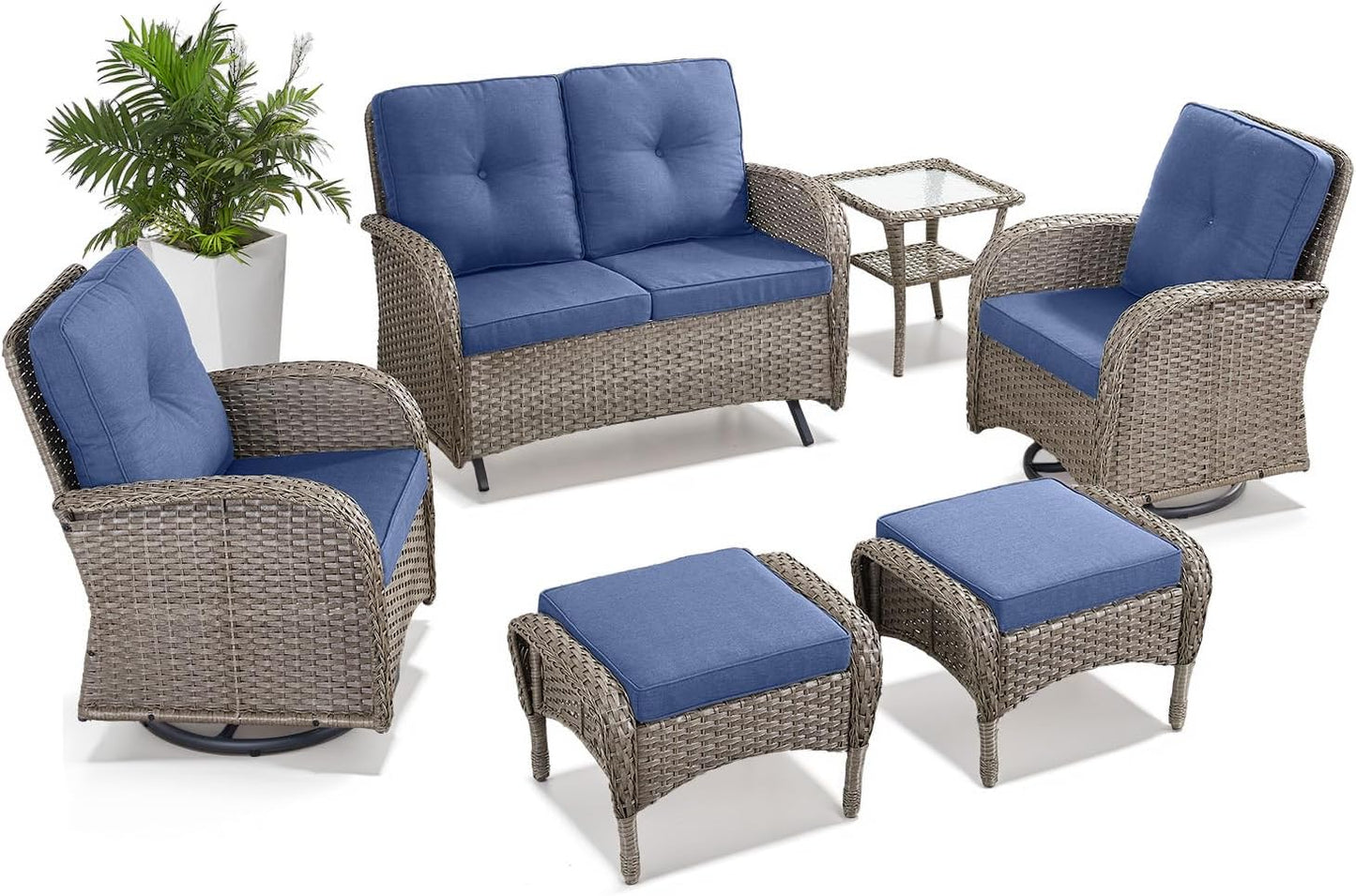 6 Pieces Wicker Patio Conversation Sets with Outdoor Swivel Rocker Chairs and Loveseat Glider Chair, All-Weather Rattan Furniture Set for Patio Deck Sunroom Backyard