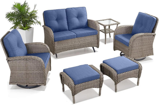 6 Pieces Wicker Patio Conversation Sets with Outdoor Swivel Rocker Chairs and Loveseat Glider Chair, All-Weather Rattan Furniture Set for Patio Deck Sunroom Backyard