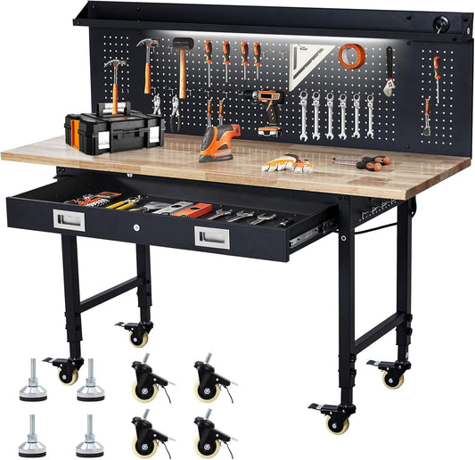 60" Adjustable Workbench with Drawer Storage, Rubber Wood Top Work Table for Garage, Heavy Duty Worktable with Removable Pegboard, Power Outlet, Hooks, Tool Storage Bench for Warehouse Workshop