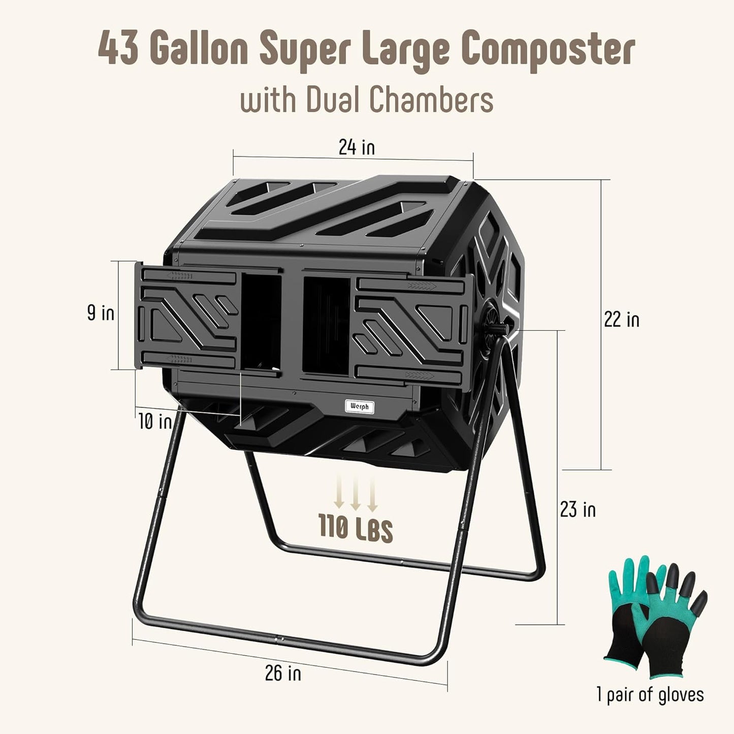 Compost Bin Outdoor Composter, Fast Assembly 43 Gallon Dual Chamber Outdoor Compost Tumbler, Heavy Duty Tumbling Rotating Composter for Patio, Garden,Yard, Black, Easy Setup, Gloves Included