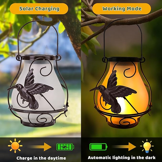 Solar Lanterns, Hanging Outdoor Lantern with Hummingbird LED Flickering Flameless Candles, Solar Lanterns Outdoor Waterproof for Table Party Decorative Yard Pathway (Hummingbird)
