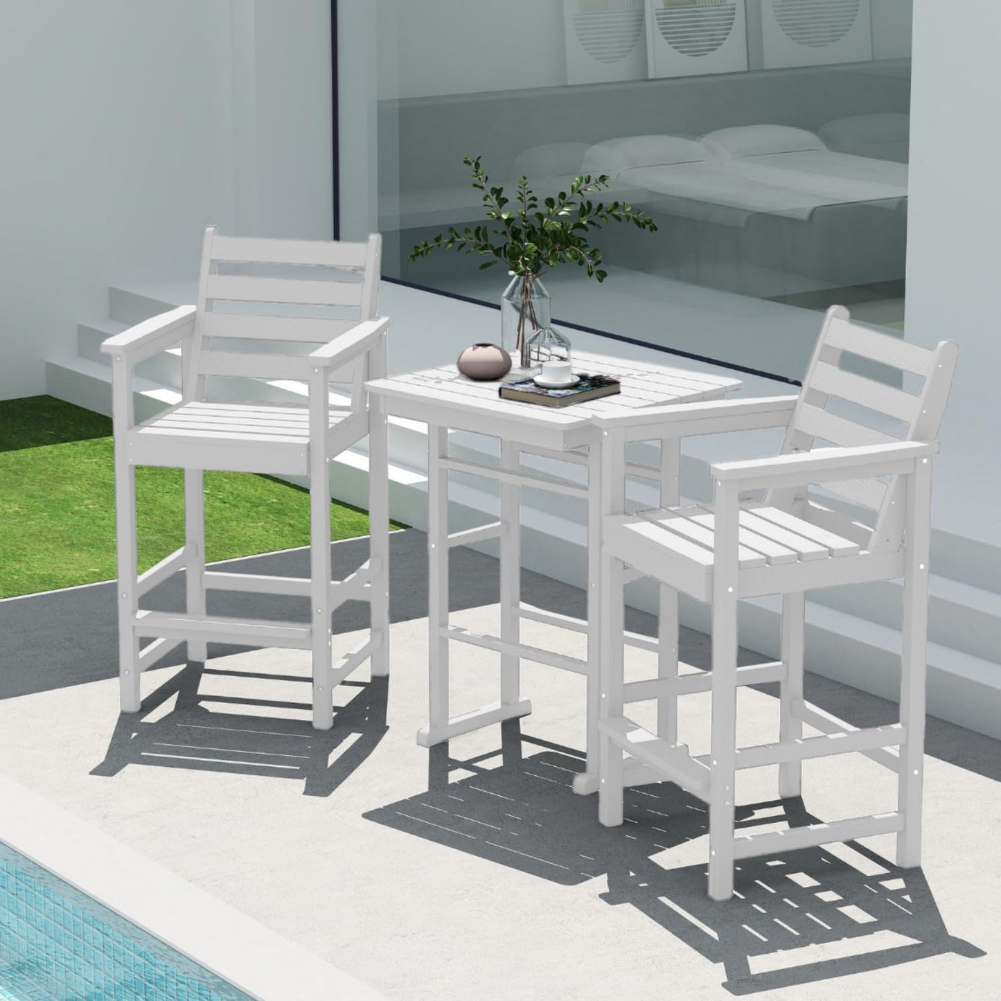 Outdoor Bar Set, 3-Piece HDPE Balcony Set with 2 Tall Adirondack Chairs and Bar Table, All-Weather Bar Height Stools for Patio, Backyard, Poolside (White)