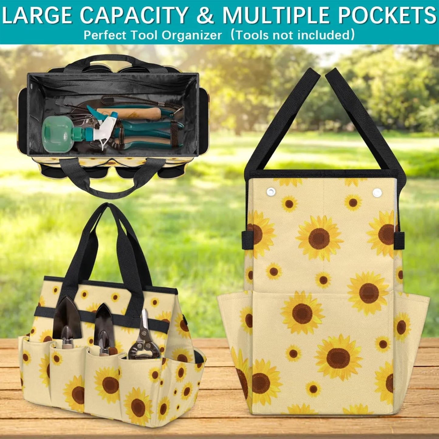 Sunflower Gardening Tool Bag,Heavy Duty Garden Tote Bag,Portable Oxford Gardening Storage Basket Organizer Handbag with Pockets Handle,Hand Tools Gifts for Outdoor Garden Lawn Yard