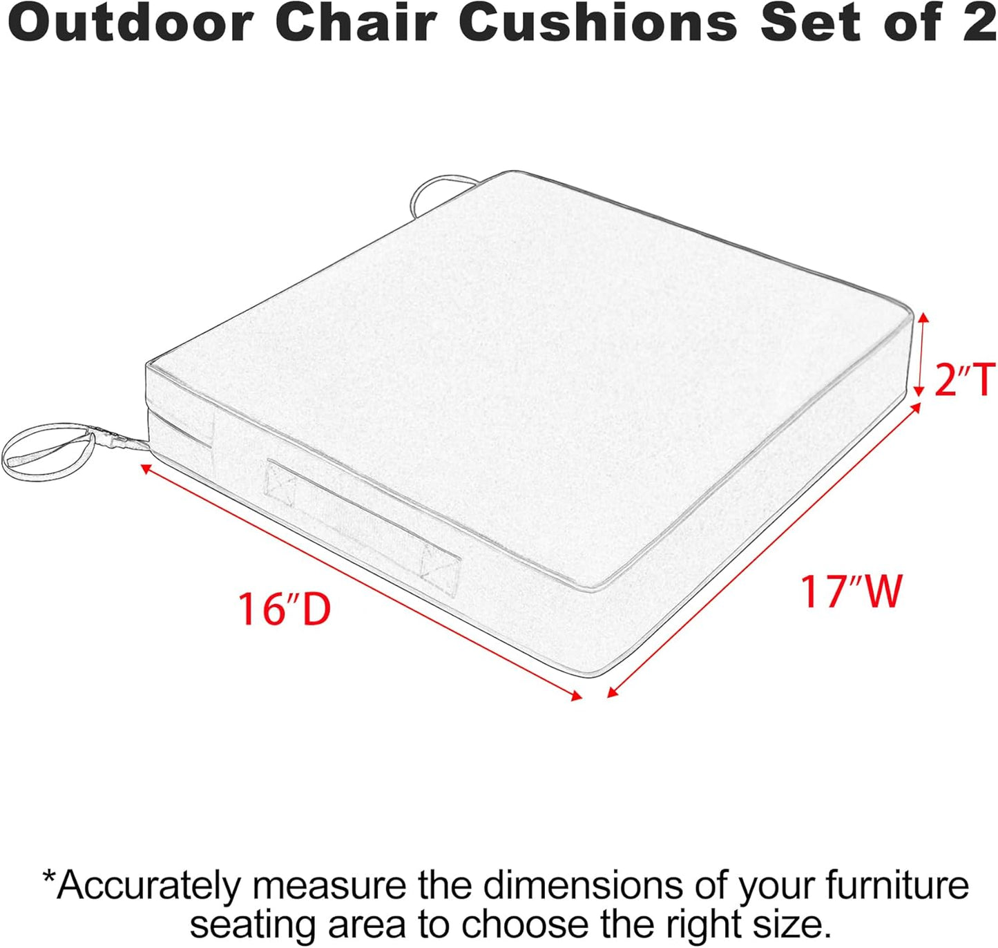 Favoyard Patio Chair Cushions 17 x 16 x 2 Inch Waterproof Outdoor Seat Cushions for Patio Furniture 3-Year Color Fastness Garden Sofa Couch Pads with Handle & Adjustable Straps Set of 2, Blue