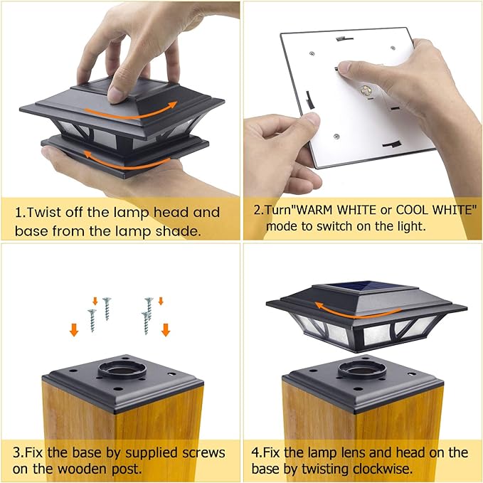 SIEDiNLAR Solar Post Lights Outdoor 2 Modes LED Deck Fence Cap Light for 4x4 5x5 6x6 Posts Patio Garden Decoration Warm White/Cool White Lighting Black (1 Pack)