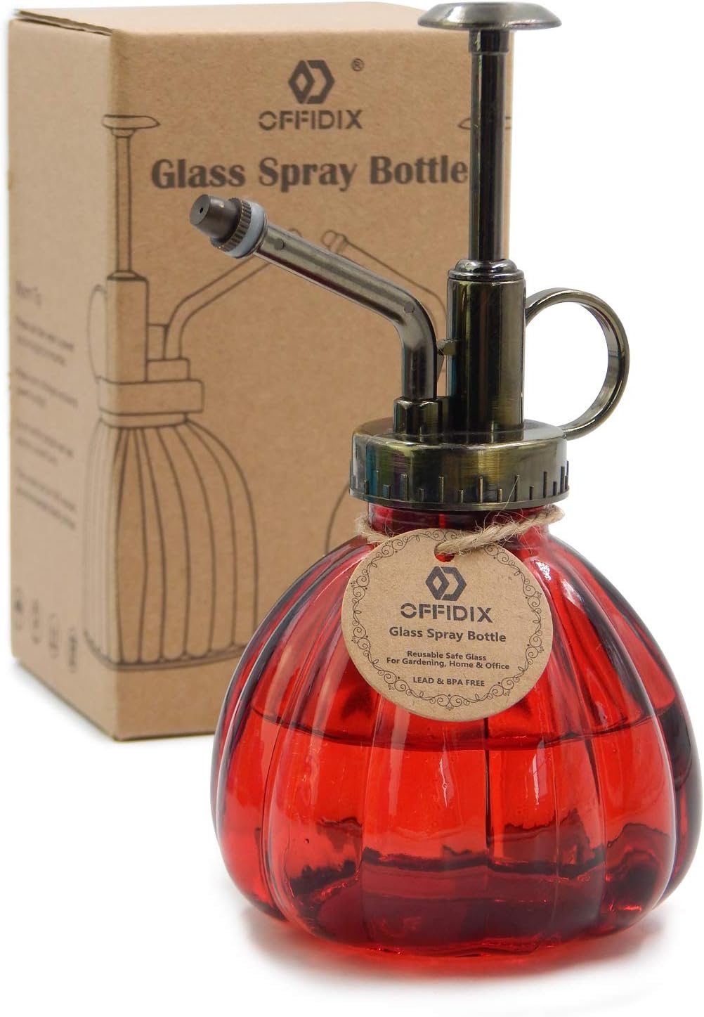 OFFIDIX Plant Glass Spray Bottle,Flower Mister Indoor Plant Watering Can Pot 6.3" Tall Vintage Pumpkin Style with Bronze Plastic Top Pump One Hand Small Watering Cans for House Plants(Red)