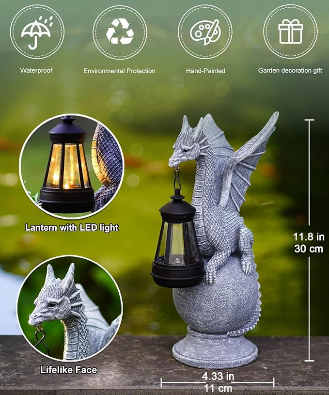 Solar Dragon Garden Statue for Outdoor Decor: Outside Sculpture Ornament for Yard Lawn Balcony Patio Porch- Unique Birthday Gift for Lover Mom Women Grandma