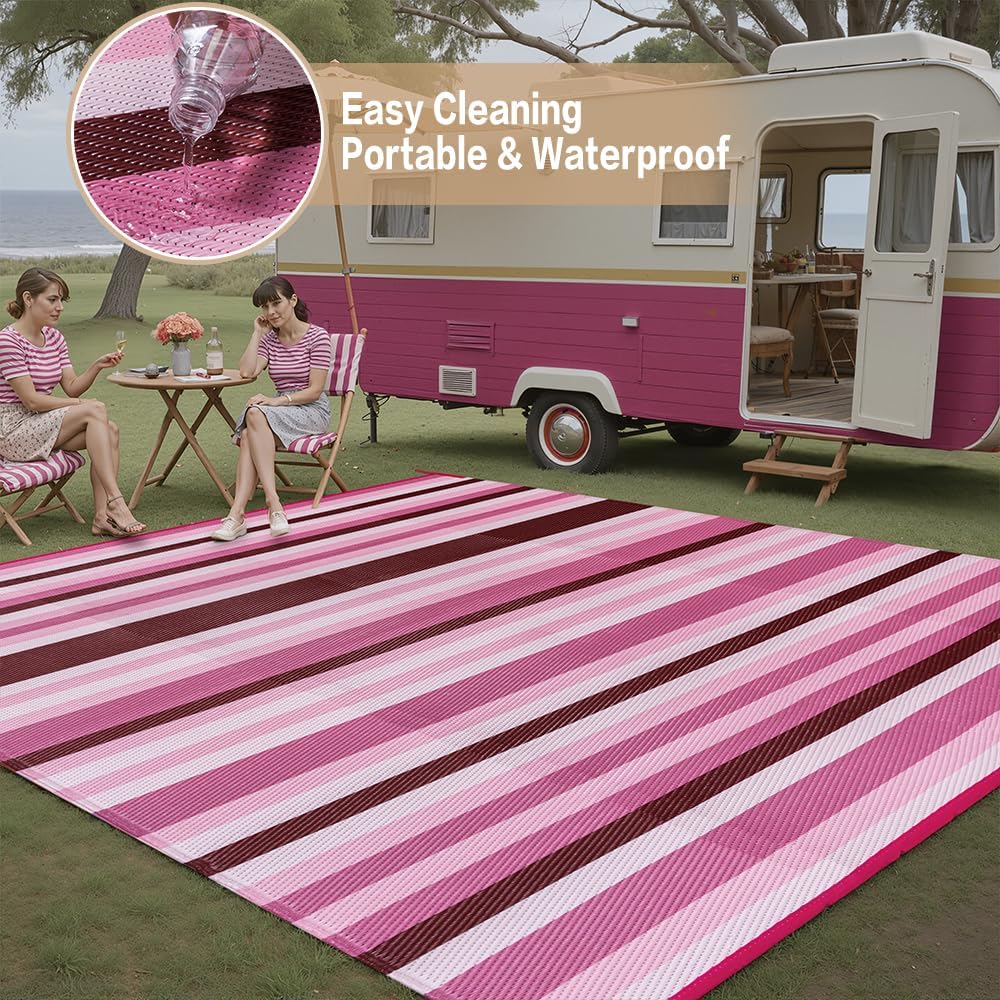 Outdoor Waterproof Rug 8'x10' Plastic Straw Rugs Washable Reversible Floor Mat Pink Stripe Carpet for Camping RV Deck Entryance Porch Picnic Balcony Beach Backyard