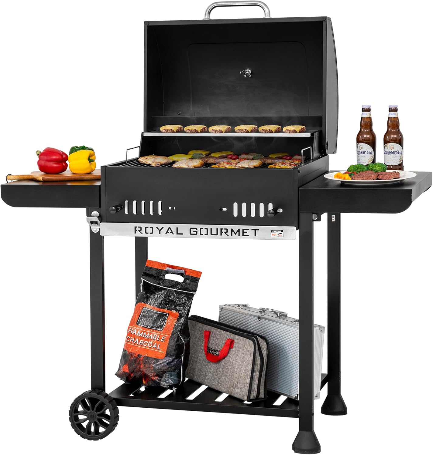 24-Inch Charcoal Grill with Foldable Side Tables, Movable BBQ Grill with 470 Sq. In. Cooking Area for Backyard, Patio and Parties, Black, CD1824EH-SC