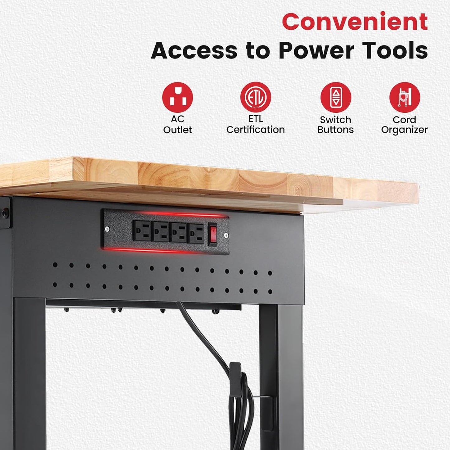 Workbench for Garage 60 x 22 Inch Adjustable Height Work Table with Drawers Heavy Duty Rubberwood Tabletop Work Bench with Pegboard, Power Outlets for Office Home Commercial