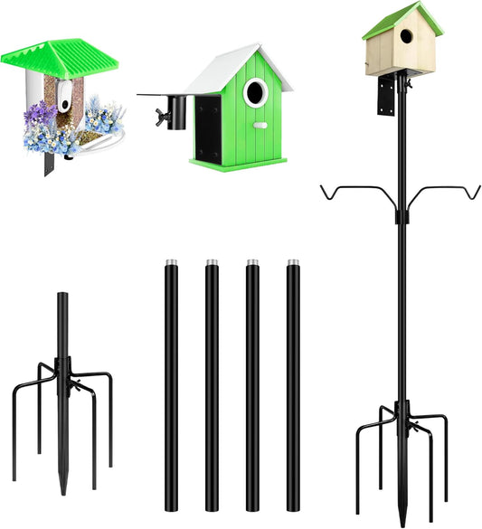 Bird Feeder Pole, 79 Inch Heavy Duty Bird House Pole Mount Kit for Outdoors, Adjustable Metal Bird Feeding Stand, with 2-Hooks, 5-Prong Base for Hanging Feeders, Black