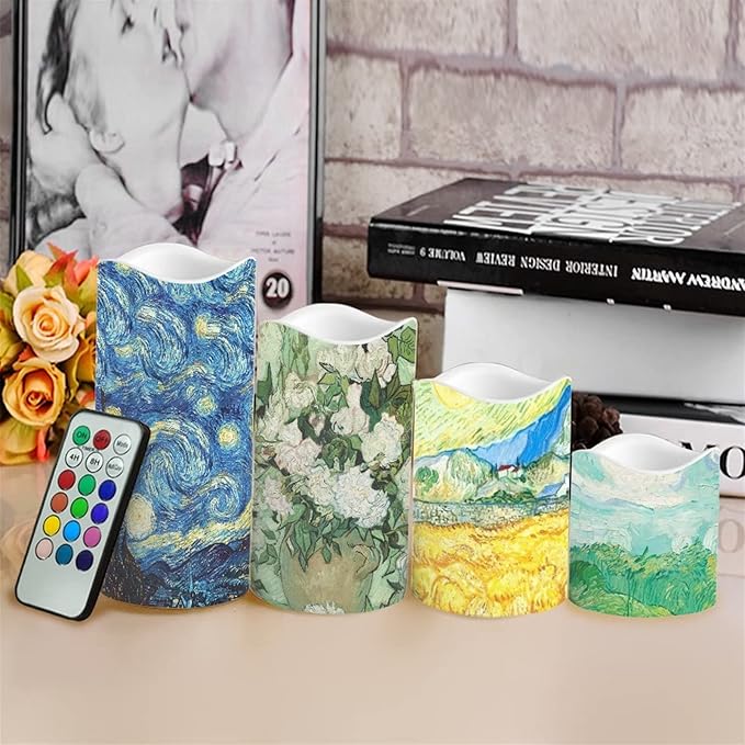 Ystardream Art Work Candles Plastic Moving Flickering LED Candles with Remote Color Changing & Timer,4 Packs Won't Melt Candle for Room Decor Accessories for Christmas Halloween