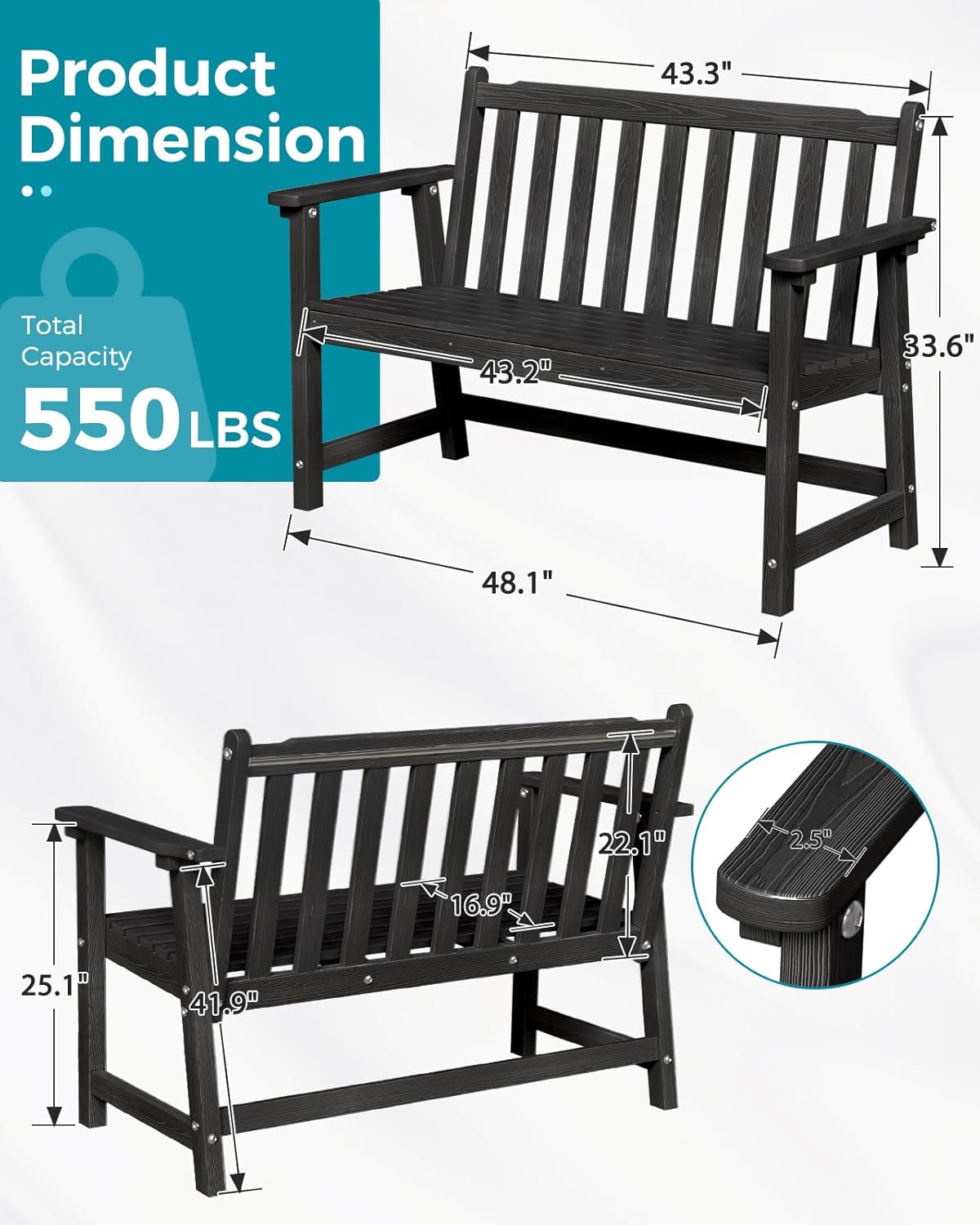 Outdoor Bench, 2-Person HDPE Garden Bench, All Weather Poly Patio Bench for Outdoors, Garden, Backyard, Porch and Park, 550 lbs Weight Capacity, Black