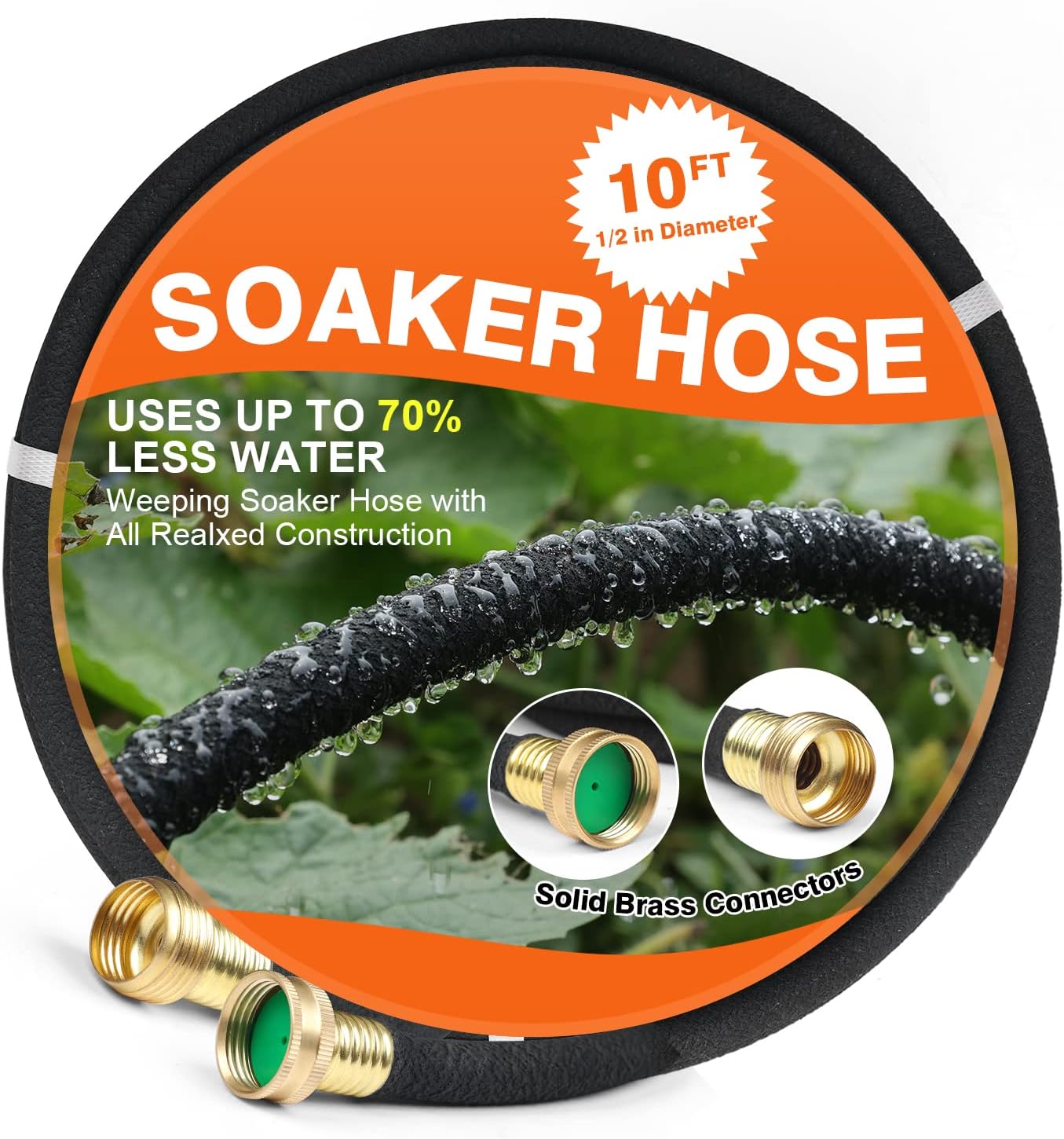 Soaker Hose 10 FT for Garden 1/2" Diameter Irrigation Hose Save 70% of Water Solid Brass Interface Eminently Suitable for Lawn and Garden Beds Cover