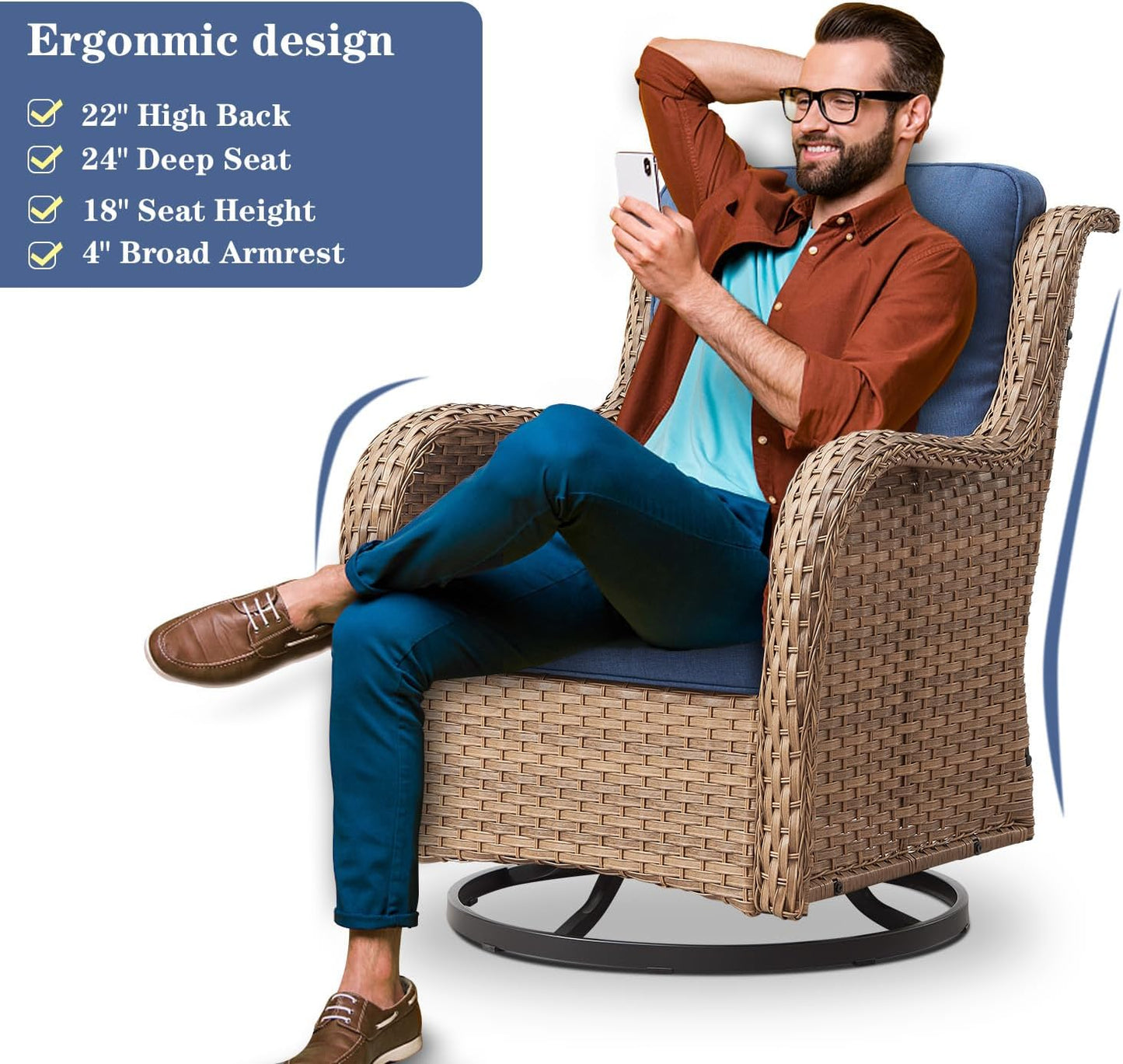 Outdoor Swivel Rocker Patio Chairs - 360 Degree Swivel Glider Seating 350LBS Weight Capacity 3 Piece Wicker Rocking Chairs Set with Side Table for Porch Balcony Deck, Yellow/Blue