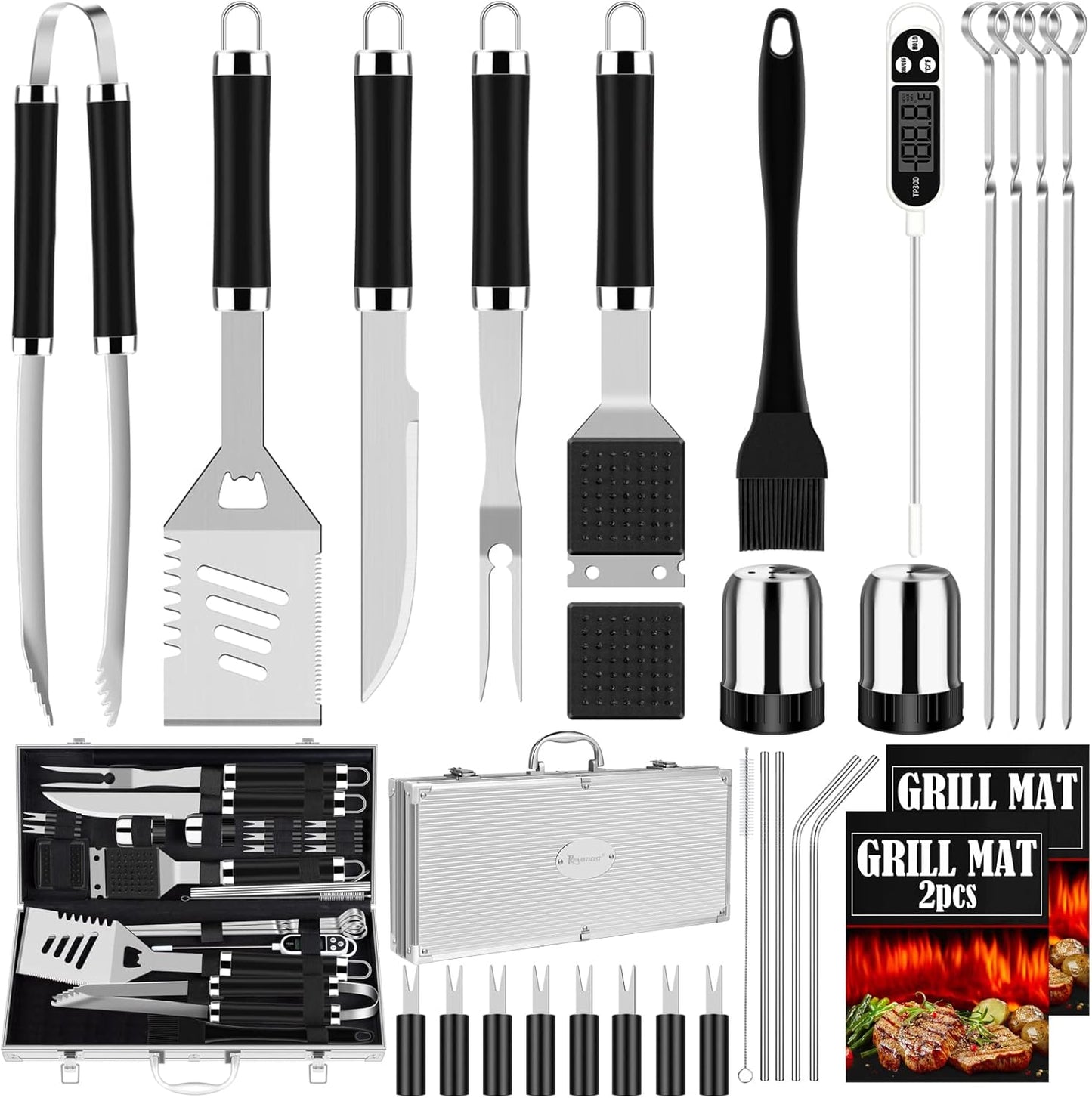 ROMANTICIST 30pcs BBQ Grill Tool Set for Men Dad, Heavy Duty Stainless Steel Grill Utensils Set, Non-Slip Grilling Accessories Kit with Thermometer, Mats in Aluminum Case for Fathers Day Black