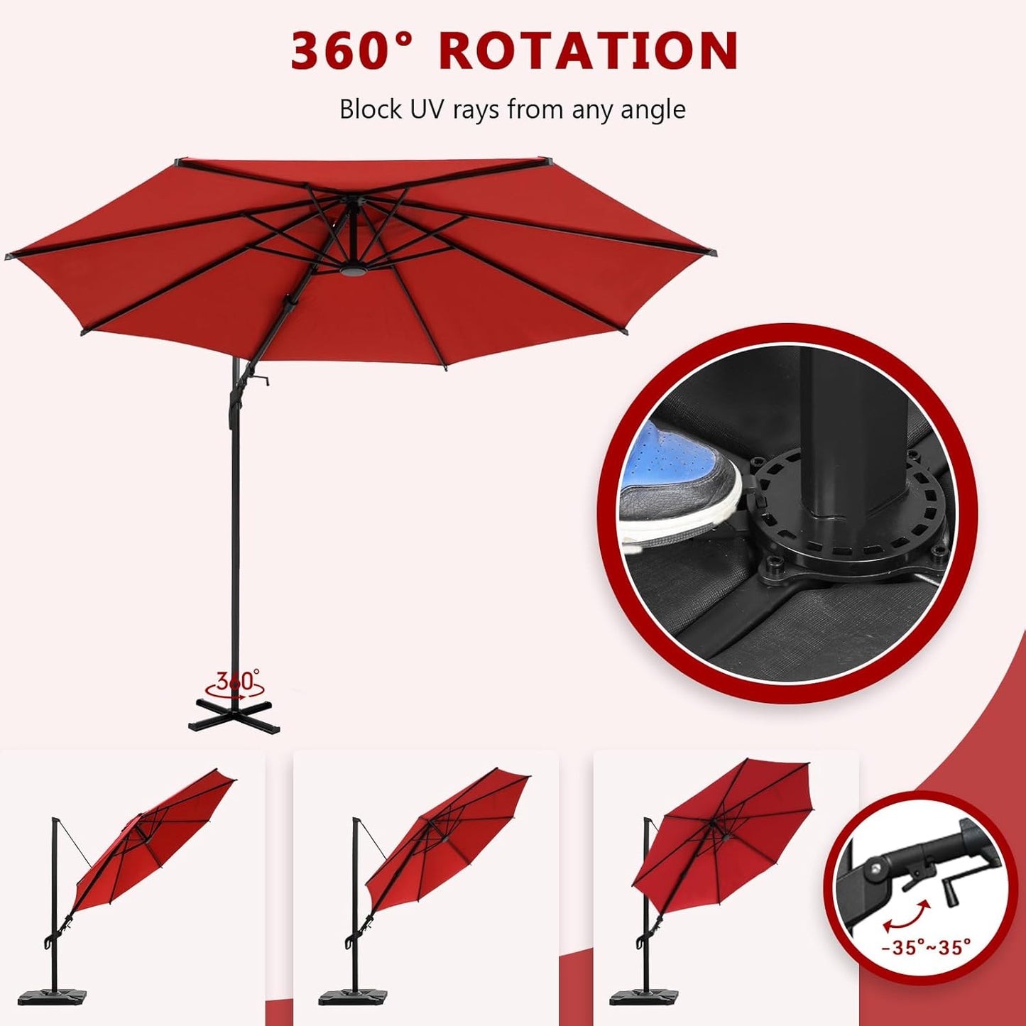 Abba Patio 10FT Vienna Offset Patio Umbrella Outdoor Cantilever Umbrella with 360° Rotation Design and Easy Tilt Adjustment UV 50+ Protection 8 Ribs for Backyard Garden Deck Pool Patio, Red