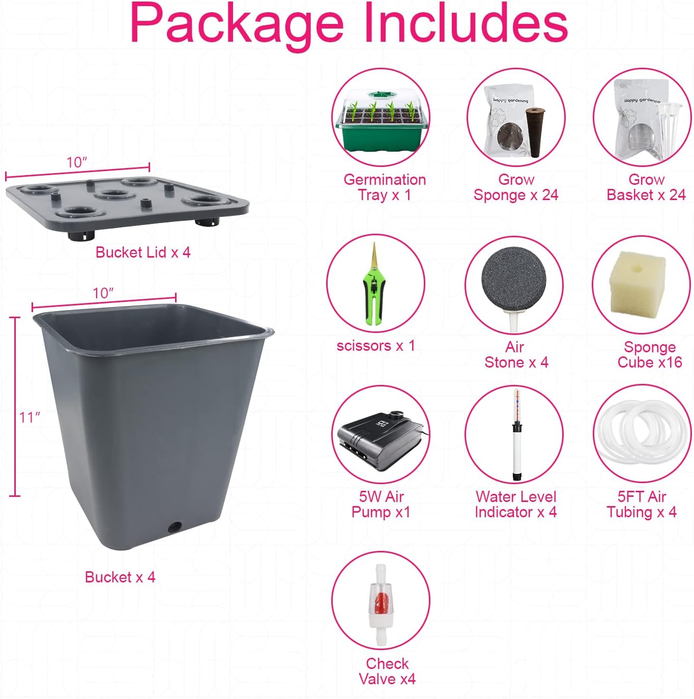4 Hydroponic Buckets Kit for Plants, Hydroponics Growing System for Herbs/Tomato/Vegetables, DWC System with Air Pump & Germination Tray (Complete Indoor Hydroponic Gardening Supplies)