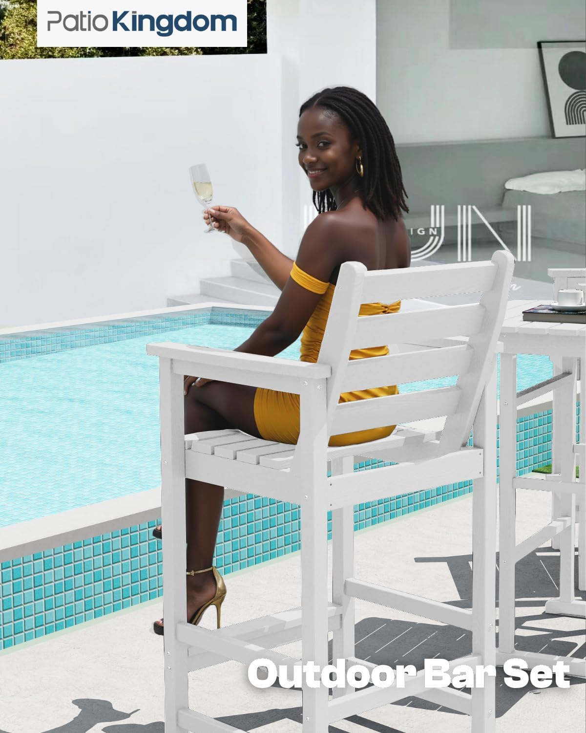 Outdoor Bar Set, 3-Piece HDPE Balcony Set with 2 Tall Adirondack Chairs and Bar Table, All-Weather Bar Height Stools for Patio, Backyard, Poolside (White)