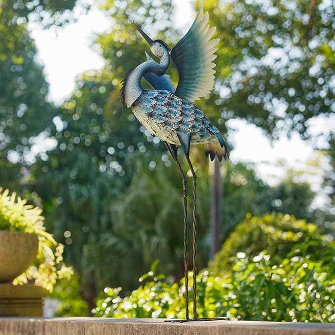 DREAMSOUL 40" Large Blue Heron Garden Statues Metal Crane Outdoor Statues Yard Art, Bird Statue for Backyard Lawn Patio Outside Decor