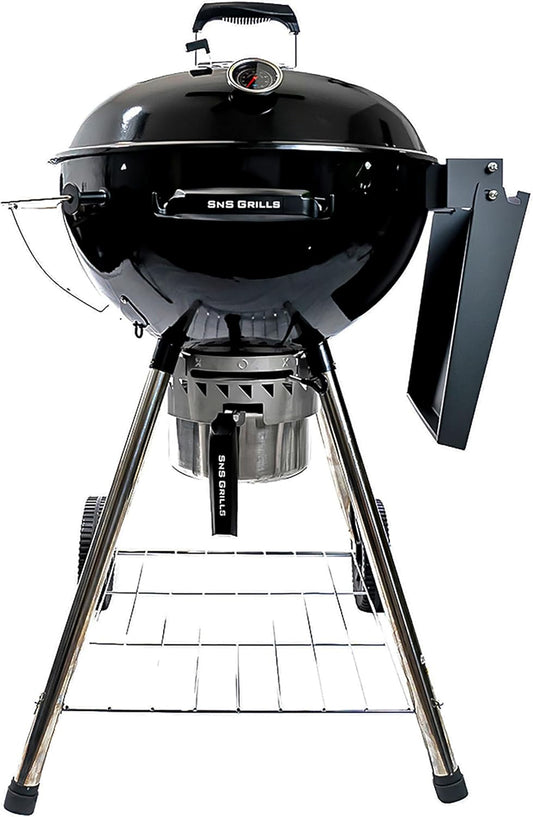 SnS Grills Original Kettle Charcoal Grill with Patented Slow 'N Sear Deluxe Insert and EasySpin Grate for Two-Zone Cooking, Low ‘N Slow Smoking and BBQing - Black 22-Inch