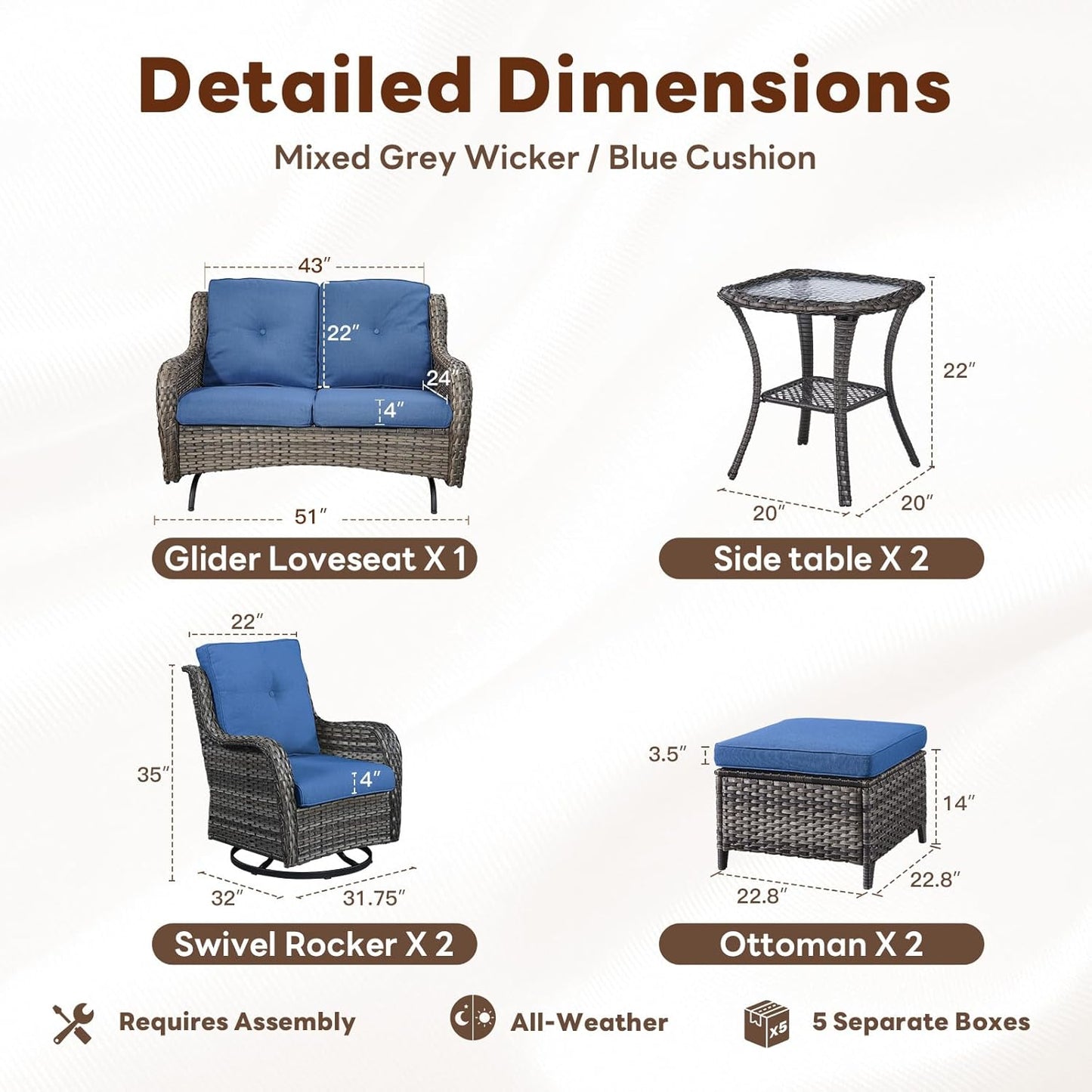Outdoor Patio Furniture Set - 7 Piece Gray Wicker Conversation Patio Furniture Set All Weather Swivel Chairs with Ottoman and Loveseat Glider Chair for Deck Balcony Backyard