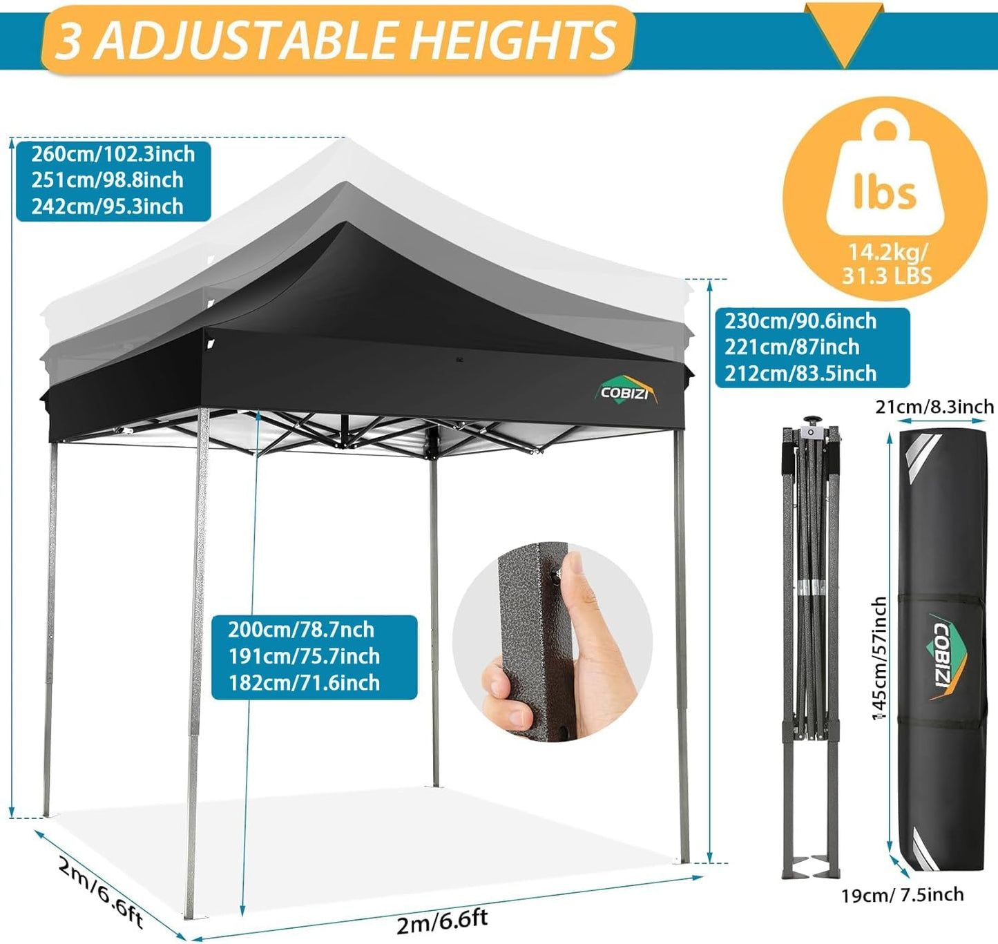 COBIZI 6.6x6.6 Pop Up Canopy Without Sidewall,Heavy Duty Canopy UPF 50+ All Season Wind Waterproof Commercial Outdoor Party Tents for Parties Canopy Gazebo with Storage Bag(6.6 x 6.6 ft Black)