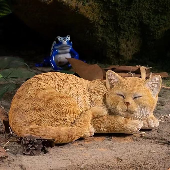 Sleeping Cat Statue Garden Decor, Outdoor Cat Sculpture & Figurine Lawn Ornament, Orange Tabby Statue for Patio, Lawn, Yard Decorative, Cute Kitten Garden Decor Outside Statue