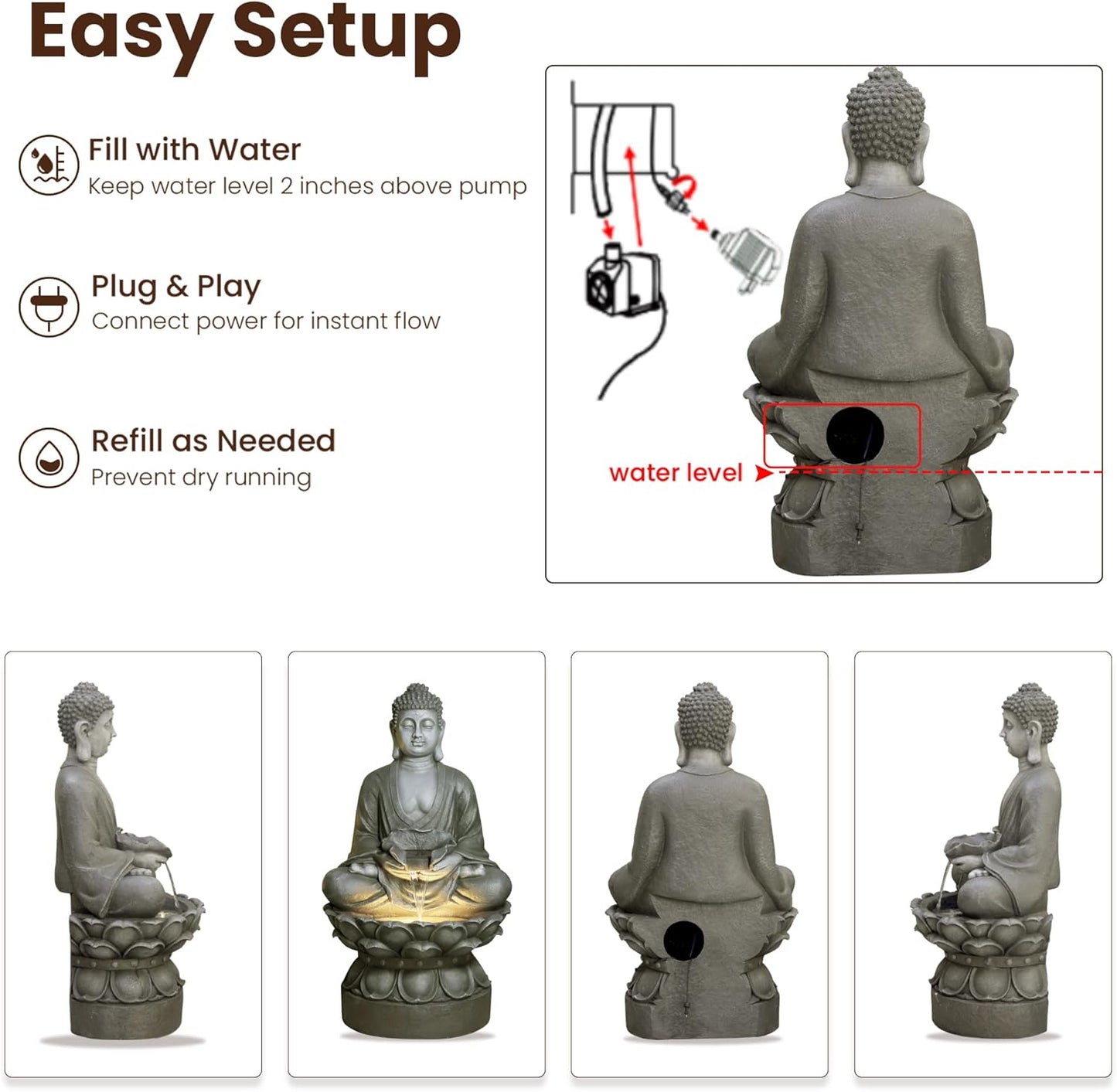 Buddha Water Fountain Outdoor Large Sitting Lotus Base Waterfall Fountains Zen Water Feature Indoor with LED Light for Garden Patio Backyard Deck Lawn Porch Balcony Home 45 inches Gray