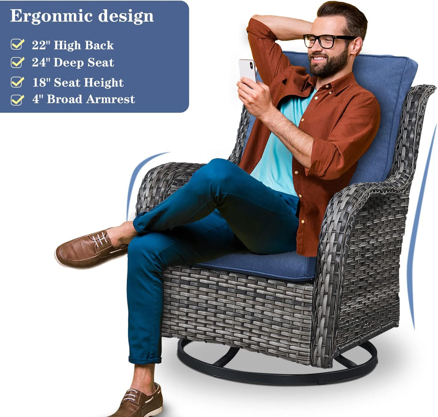 Wicker Patio Furniture Sets - 13 Piece Outdoor Rattan Furniture Conversation Sets with 4 Swivel Rocker Chairs, 2 Rattan Sofas, Wicker Ottomans and Coffee Table, Mixed Grey/Blue