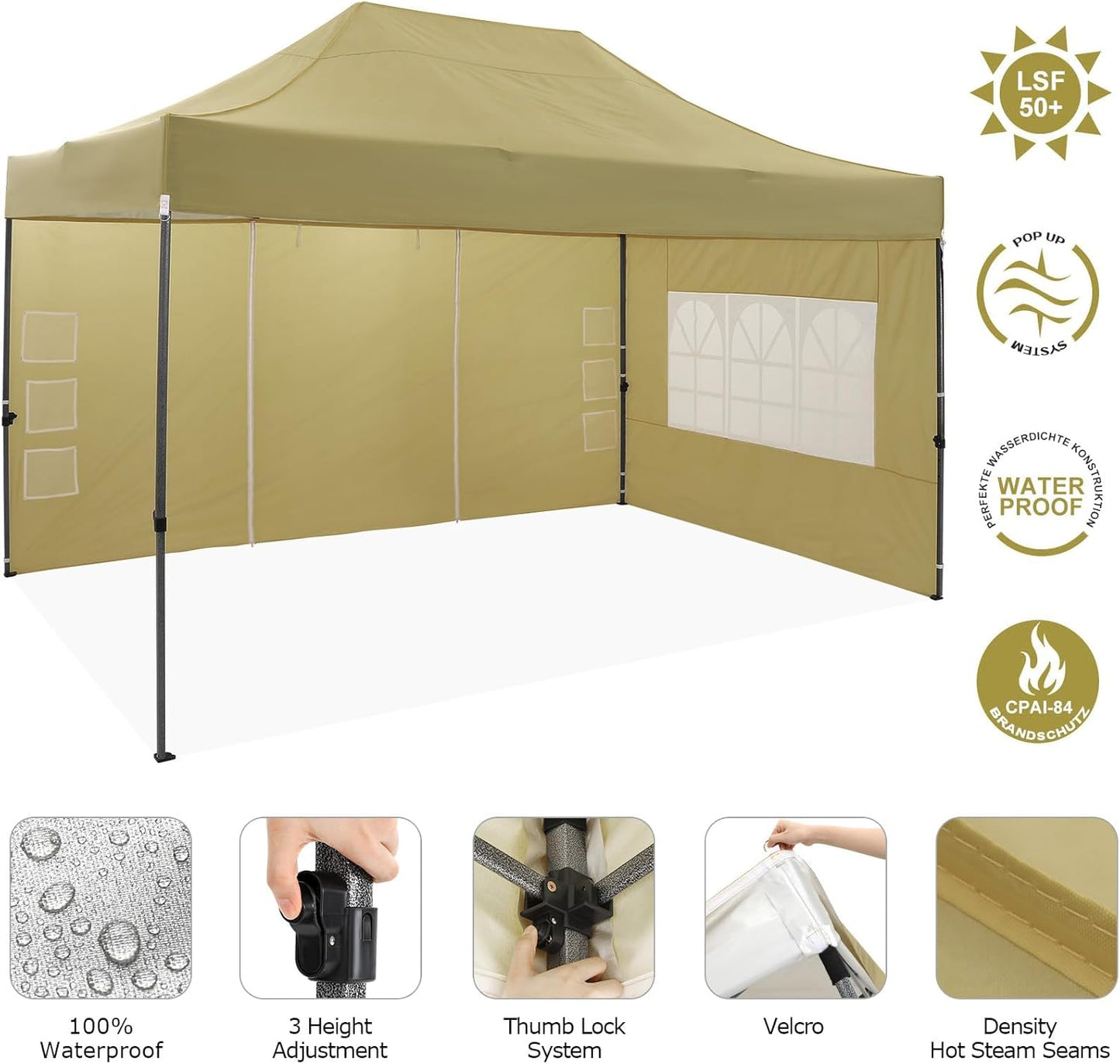 COBIZI 10x15 Pop Up Canopy with 4 Sidewall,Heavy Duty Canopy UPF 50+ All Season Wind Waterproof Commercial Outdoor Wedding Party Tents for Parties Gazebo with Carry Bag(10 x 15 ft Khaki)