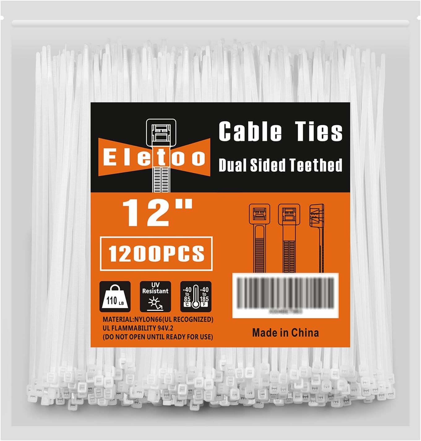12 Inch White Zip Ties (1200 Pack), 2025 New Patented Design,110 LBS Tensile Strength, Self-Locking Nylon PA66 UV Resistant Cable Ties for Indoor and Outdoor Use