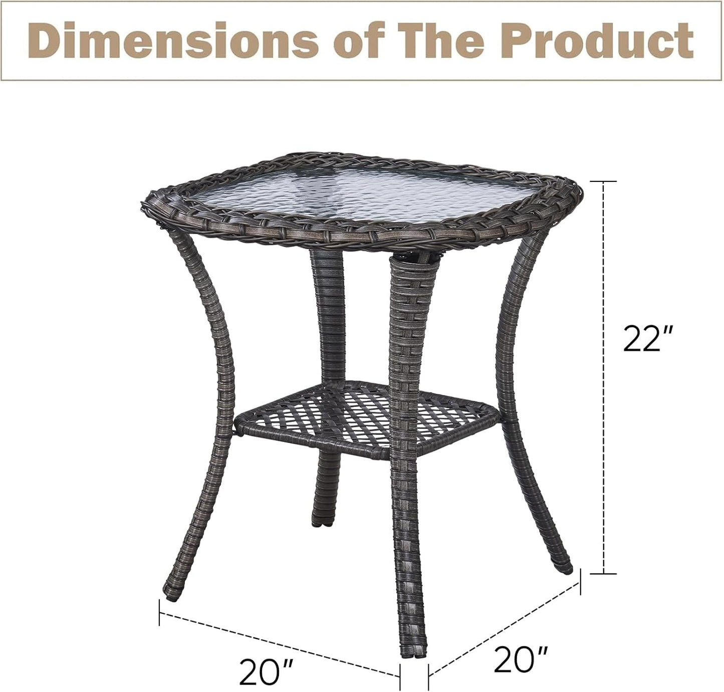 Outdoor Side Tables for Patio, Wicker/Rattan End Tables, Outdoor Wicker Side Table, Grey Rattan Glass Top Patio Side Table