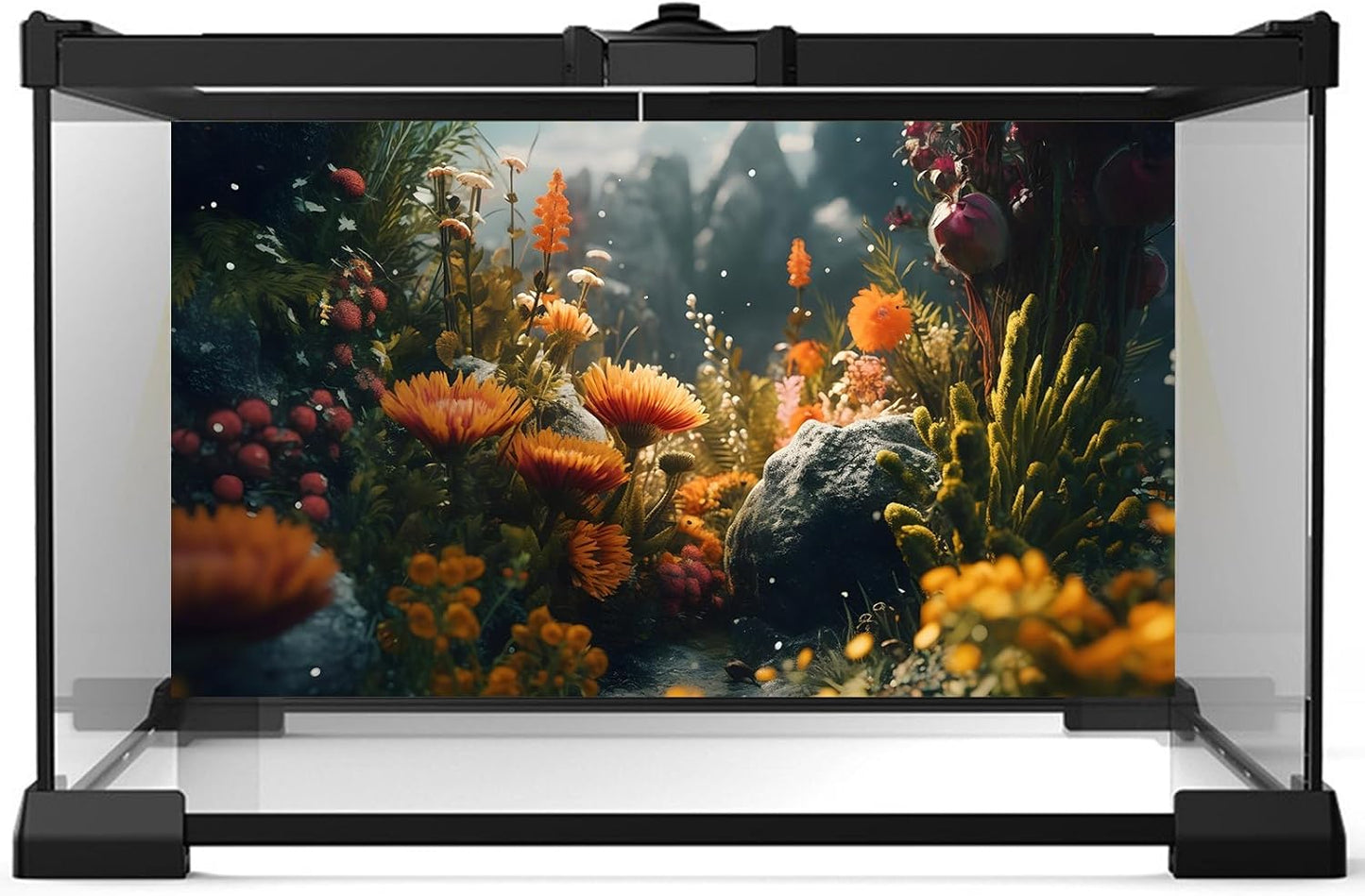 Foggy Stone Aquarium Background Green Seaweed Scenery Orange Floral Fish Tank Background Durable Flower Reptile Tank Background Yellow Flowers Tank Backdrop Wallpaper 30x12in