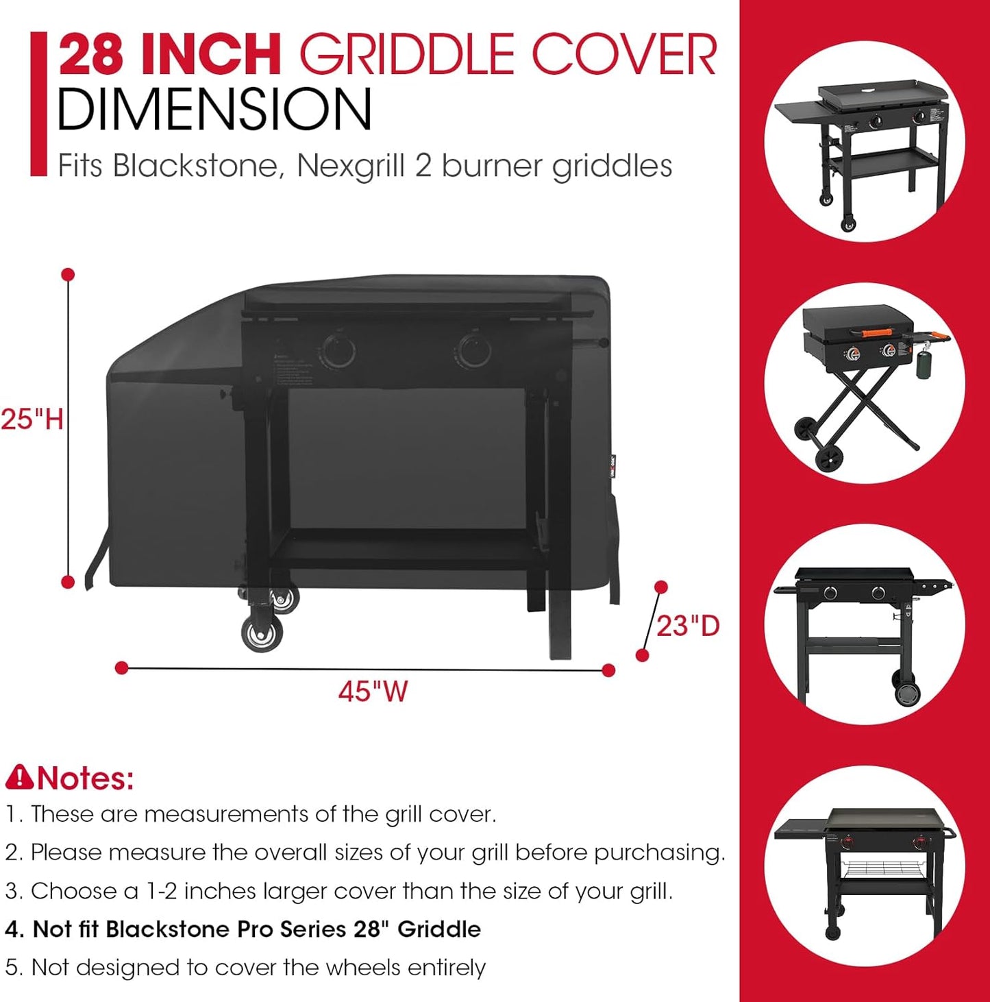 Unicook 28 Inch Griddle Cover for Blackstone and Nexgrill Cooking Station, Heavy Duty Waterproof Flat Top BBQ Grill Cover with Sealed Seam, Includes Support Pole, Black