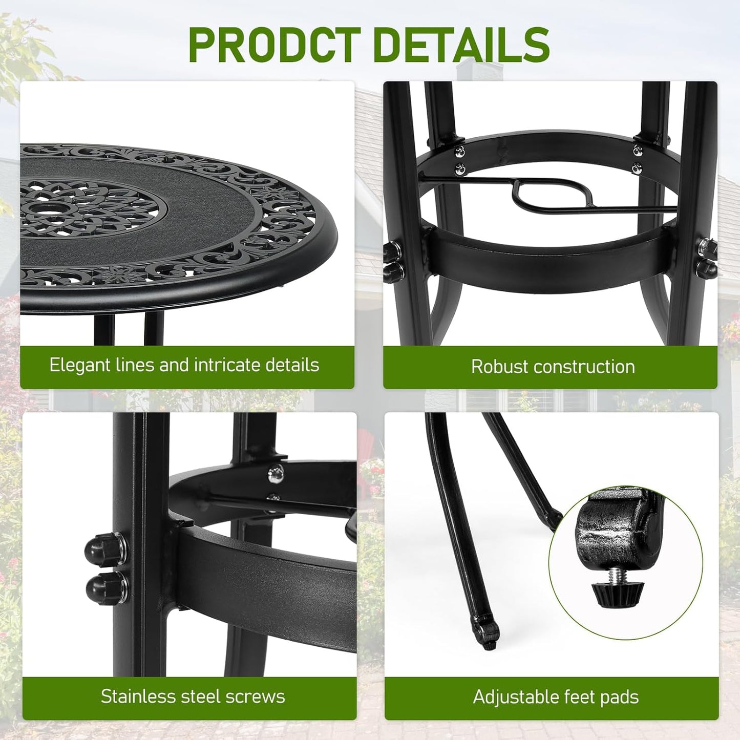 Outvita Outdoor Dining Table, Cast Aluminum Round Patio Bistro Table with Umbrella Hole Weather Resistant Aluminum for Balcony Poolside Garden Lawn