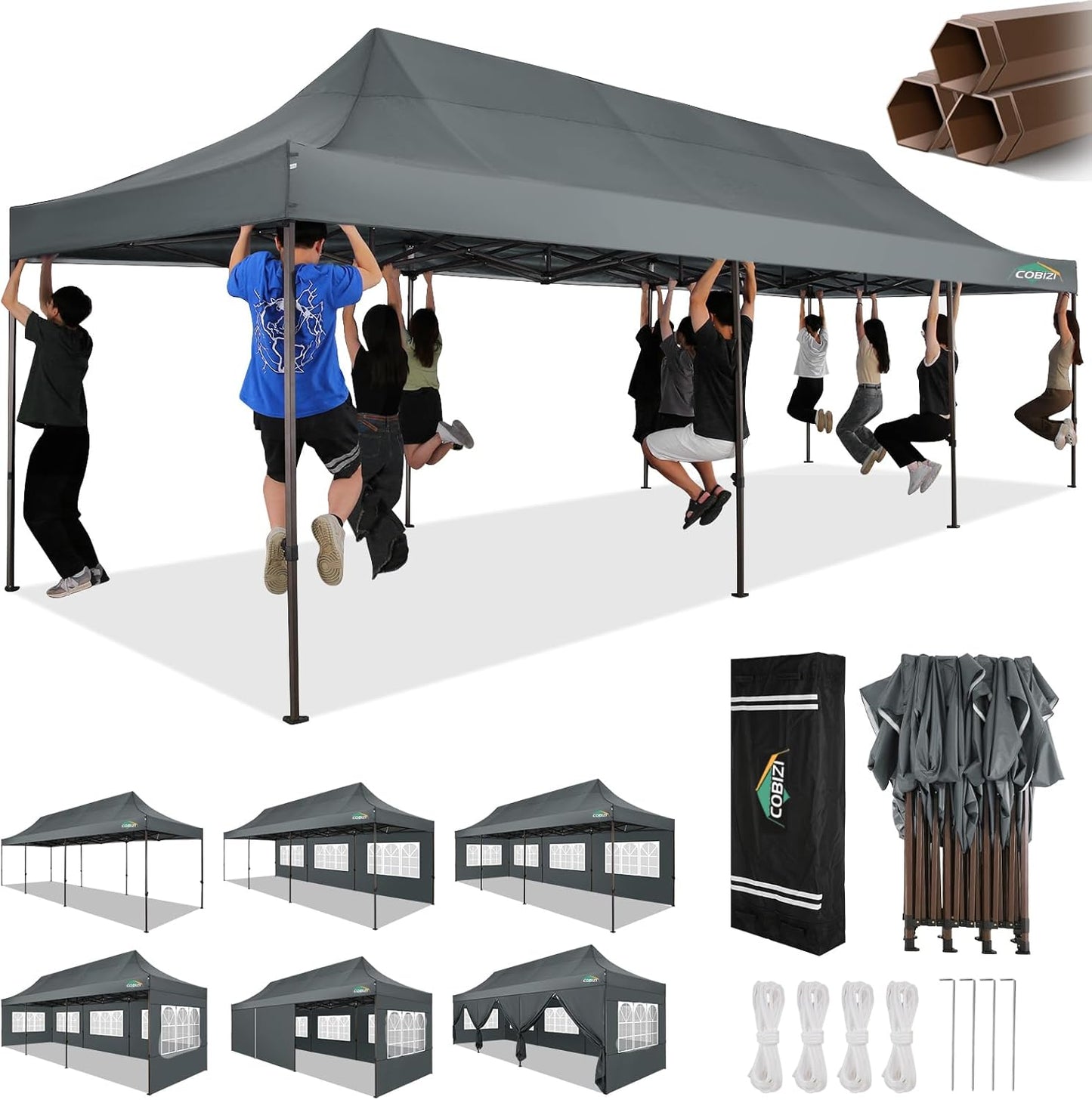 COBIZI 10x30 Pop Up Canopy Tent Heavy Duty with 8 Removable Sidewalls, Commercial Portable Tents for Parties Ez Up Canopy All-Weather Windproof & Waterproof and UPF 80+ Wedding Tent Sun Shelter