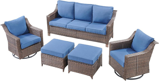 Outdoor Wicker Patio Furniture Set - 5 Piece Outside Rattan Conversation Bistro Dining Chair Sets with Rocking Swivel Chairs, 3-Seat Couch and Ottomans for Porch Yard Balcony – Brown/Blue