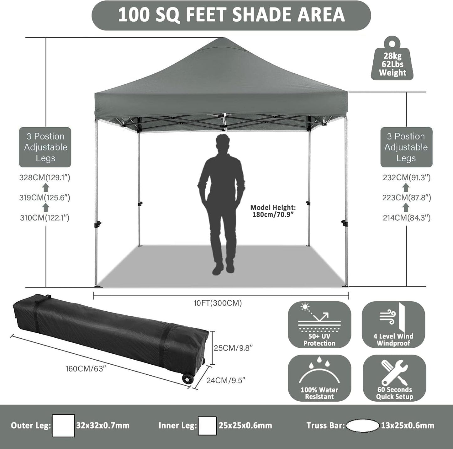 COBIZI 10x10 Pop Up Canopy with 4 Sidewall,Heavy Duty Canopy UPF 50+ All Season Wind Waterproof Commercial Outdoor Wedding Party Tents for Parties Canopy Gazebo with Roller Bag(10 x 10 ft Gray)