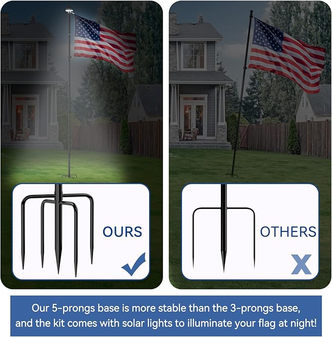 ZMTECH 2 Packs 10 FT Heavy Duty Flag Pole in Ground with Solar Light, Flag Pole Holder for Outside House with Solar Light and 5 Pronges Base, Flag Pole Kit for Outdoor Garden Decor(Without Flag)