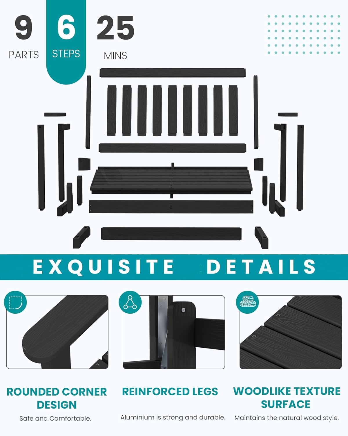 SERWALL 2 Person Patio Glider Bench, HDPE Material Weather-Resistant Swinging Bench for Outdoor Porch Garden, Black