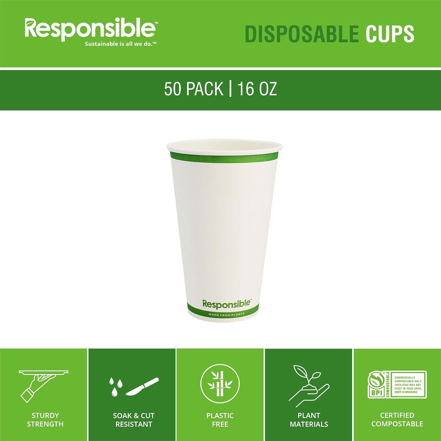 Certified Compostable 16 oz Paper Cups, Cold ＆ Hot Coffee Cups, Disposable Paper Cups, Extra Strength Disposable Cups, Made without PFAS (50 count)