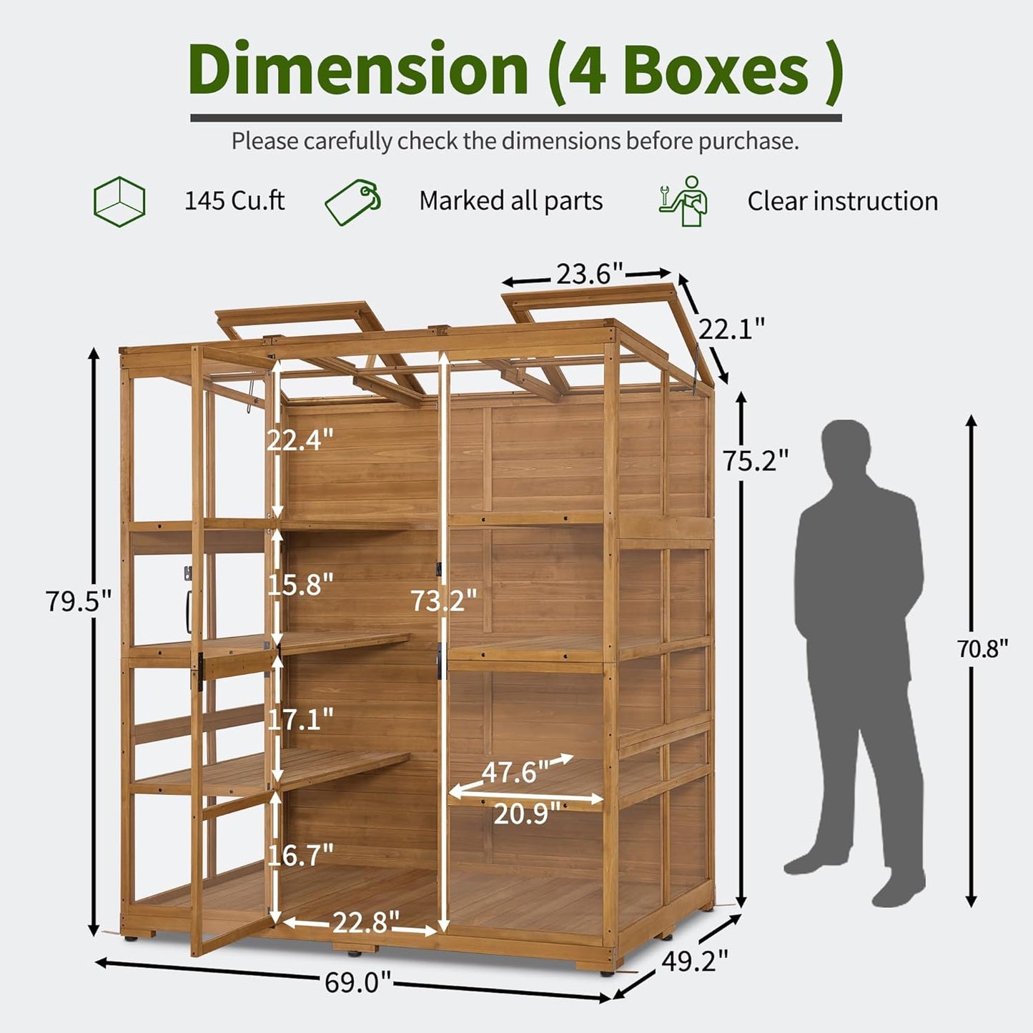 Macrout Wooden Walk-in Greenhouse with Acrylic Panels, Large Greenhouse Outdoor with Openable Roof Vents with Lockable Door, G976