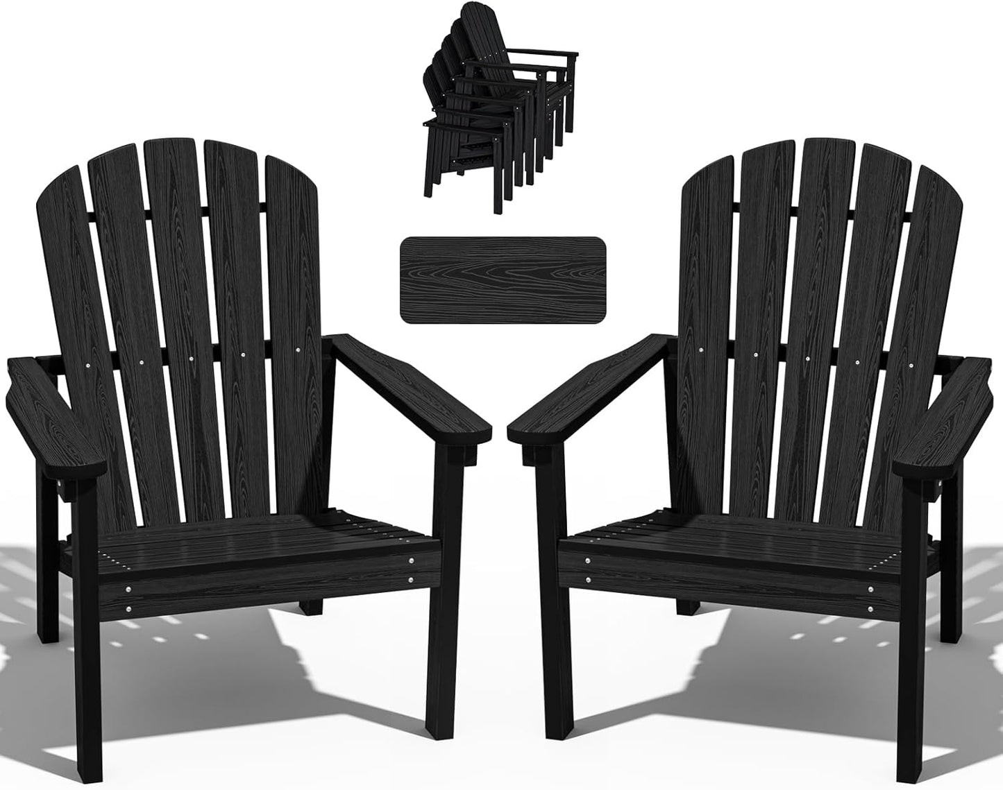 Stackable Adirondack Chair Set of 2, HDPE Outdoor Patio Chair - Durable and Space Saving, Suitable for Porches, Lawns or Garden, Black