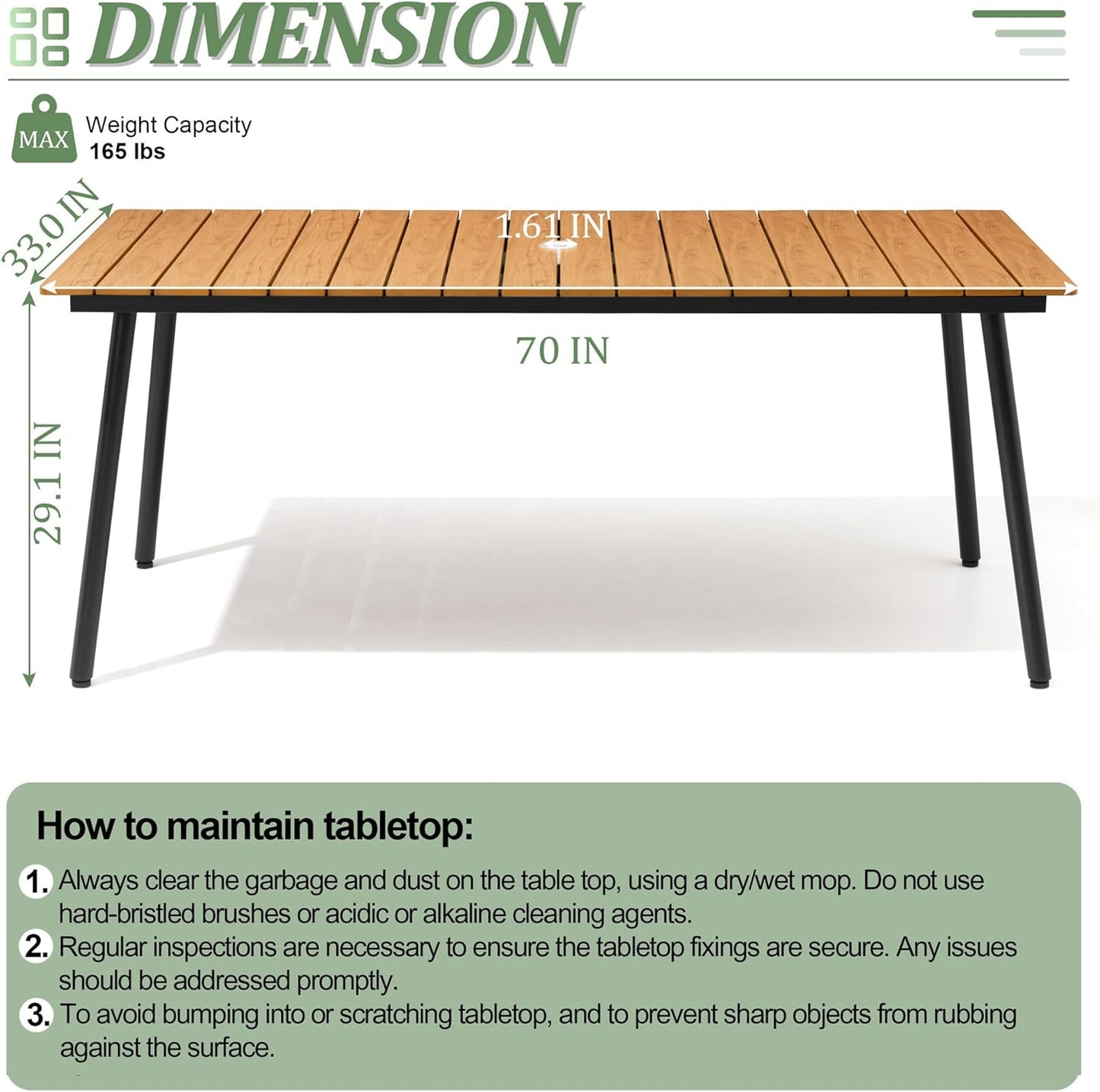 Outdoor Dining Table for 6, 70inch Patio Dining Table with Wooden-Like Top and Aluminum Frame, Rectangular Table with Umbrella Hole Outdoor Furniture, Brown