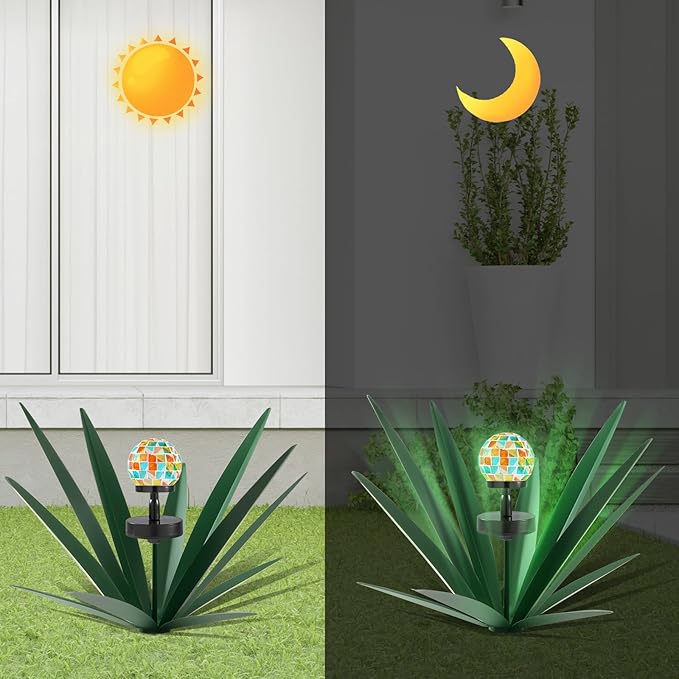 Enlarge Metal Plants Tequila Rustic Sculpture, Outdoor Patio Yard, Home Decor Hand Painted Agave Garden Statue, Outdoor Lawn Ornaments Yard Stakes for Mom Gift (1 Solar Green)