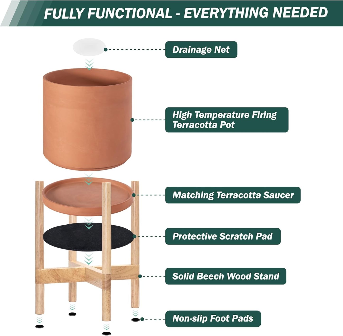 D'vine Dev Terracotta Planter with Natural Stand - 10 Inch Modern Round Flower Pot with Wood Planter Holder, Terracotta, 55-B-K-5