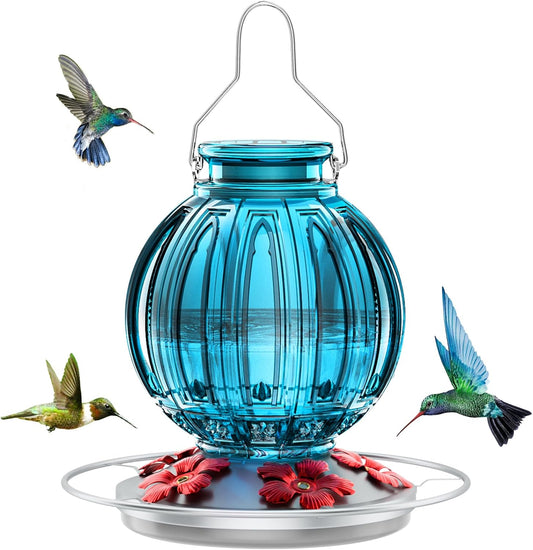 Glass Hummingbird Feeder for Outdoors Hanging, 26Oz Bird Nectar Feeder with Perch & 5 Flower Feeding Ports, Leak Proof for Outside Garden Decor Backyard, Gifts for Women Mom, Blue